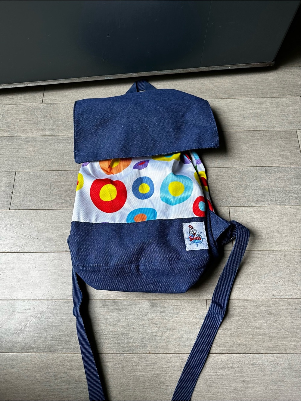 Dr Suess At Sea Children Denim Colorful Top Flap Bean Bag Backpack